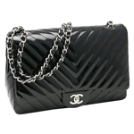 CHANEL シャネルデカマトラッセエナメルチェーンショルダーVステッチ黒ブラッ...