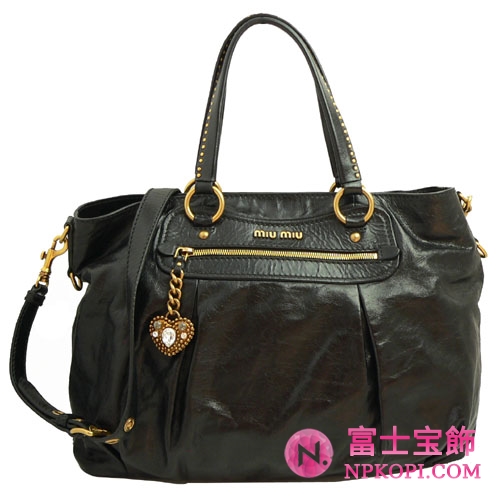 ミュウミュウ MIUMIU トートバッグ ショルダーバッグ 2WAY ハートチャーム付 スタッズ レザー ブラック（NERO） RR1733 VITELLO SHINE