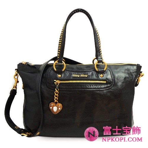 ミュウミュウ MIUMIU トートバッグ ショルダーバッグ 2WAY ハートチャーム付 スタッズ レザー ブラック（NERO） RR1732 VITELLO SHINE