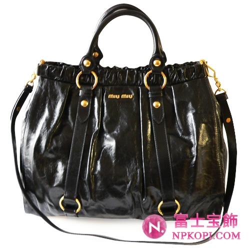 ミュウミュウ miumiu トートバッグ/ななめがけバッグ 2Way ショルダーストラップ付き ギャザーレザー ブラック（NERO） RN0423 VITELLO LUX NERO